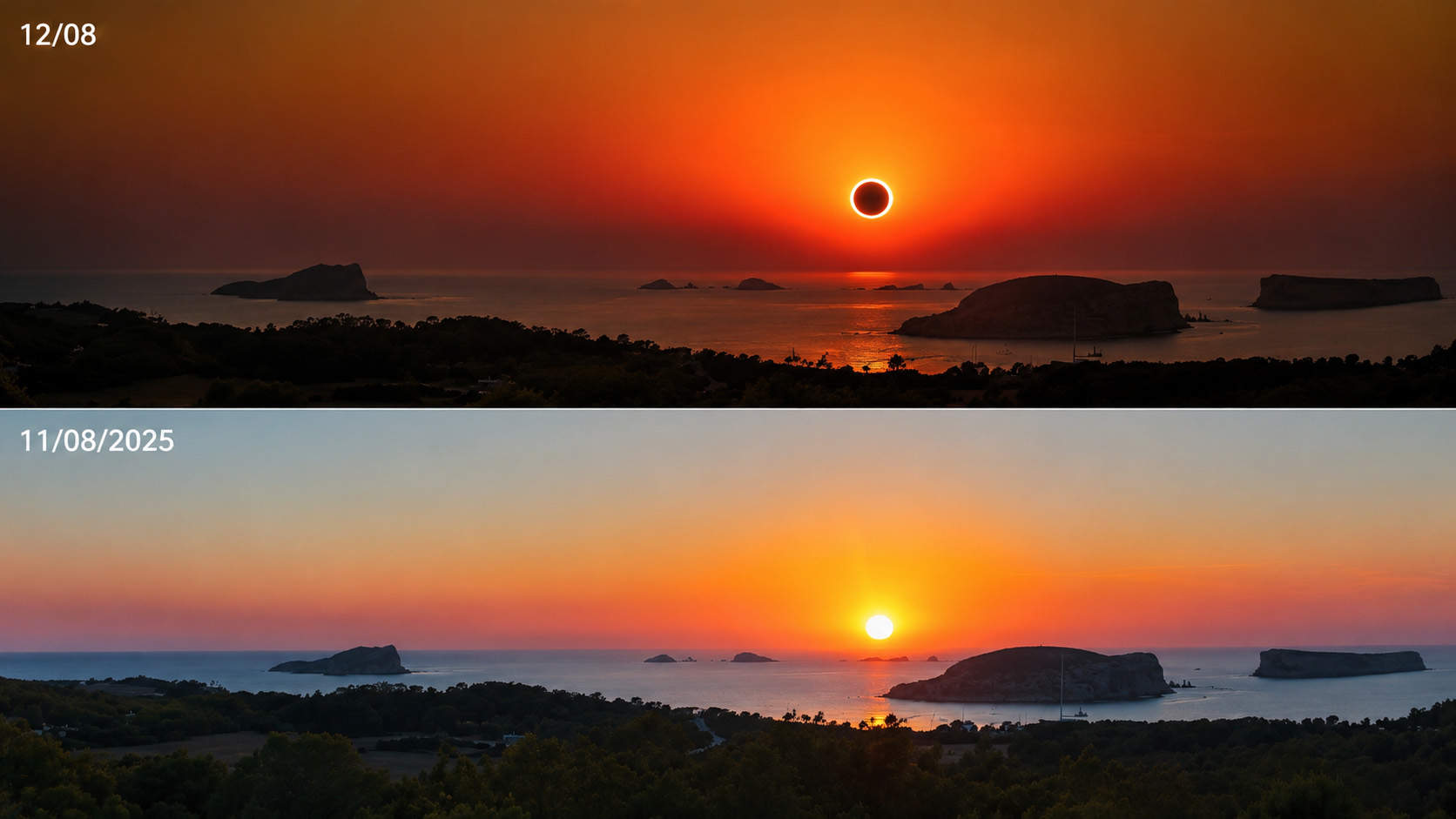 Totale Sonnenfinsternis auf Ibiza 2026 &uuml;ber dem Mittelmeer kurz vor Sonnenuntergang